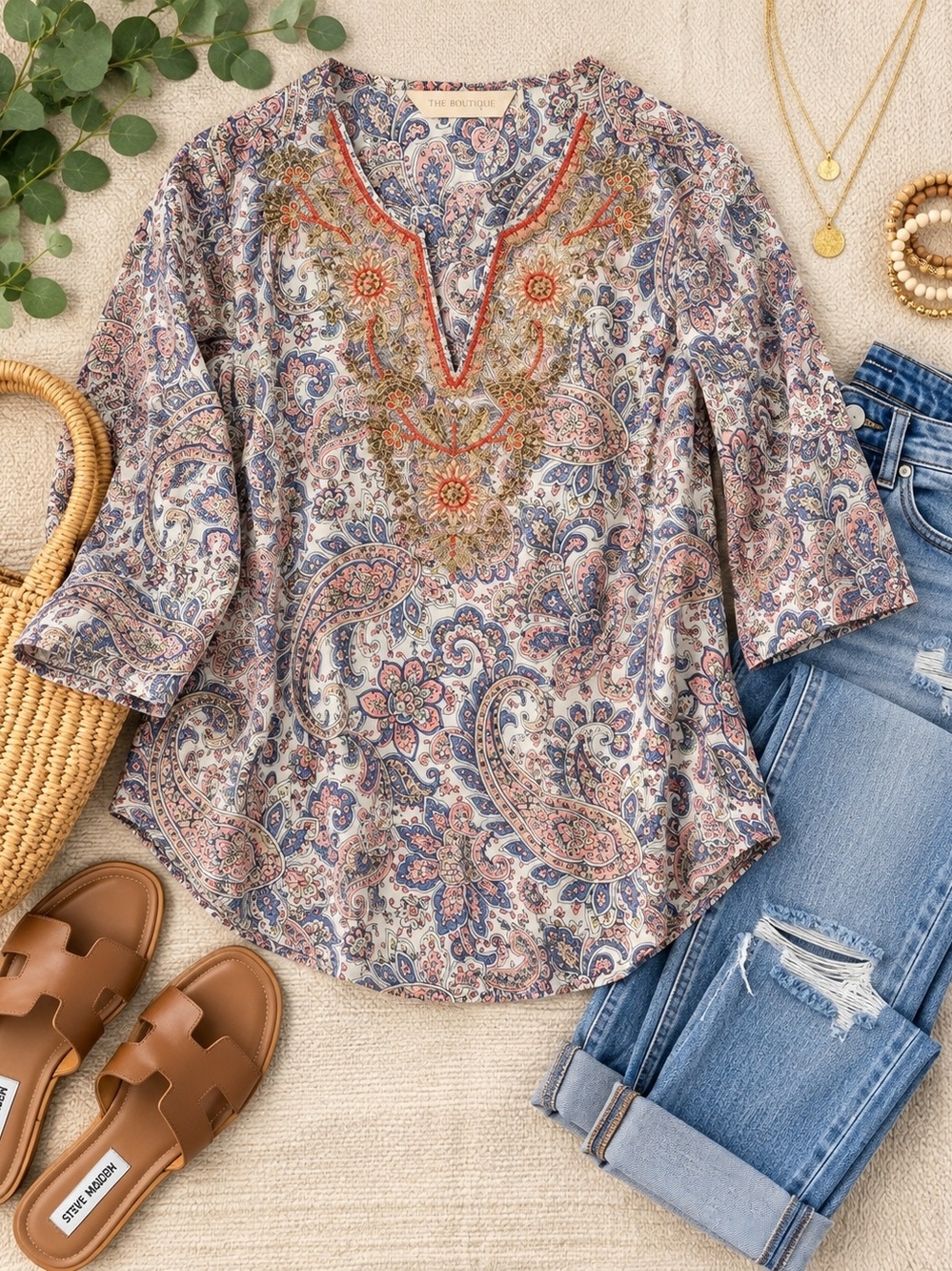Soft Surroundings Neutral Paisley Embroidered V‑Neck Tunic - Picture 2 of 6